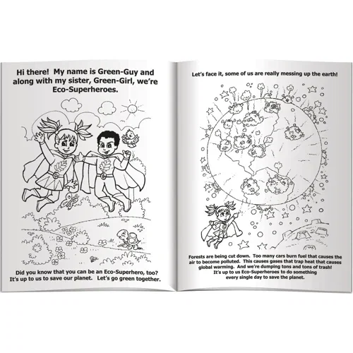 Eco-Superheroes coloring book interior page with green-living line-art to color, inside view
