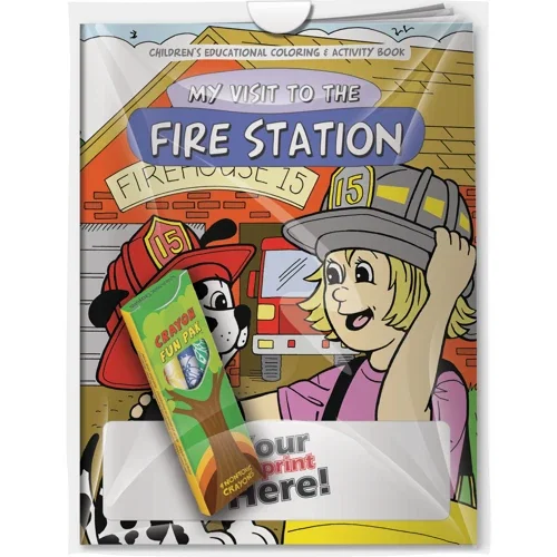 My Visit to the Fire Station coloring book with imprinted 4-pack crayons combo set