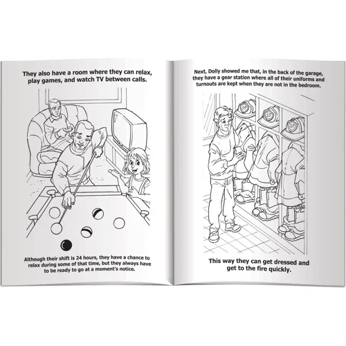 My Visit to the Fire Station coloring book open interior line-art pages