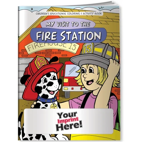 My Visit to the Fire Station coloring book cover with firefighter scene, front page detail