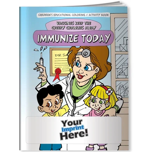 Immunize Today coloring book cover, kids vaccine awareness educational activity book