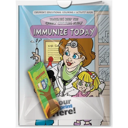 Vaccines Keep the Creepy Crawlies Away immunization coloring book and crayons combo, hero front view