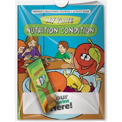 My Plate Nutrition Condition coloring book and imprinted crayons combo in poly bag - hero front view