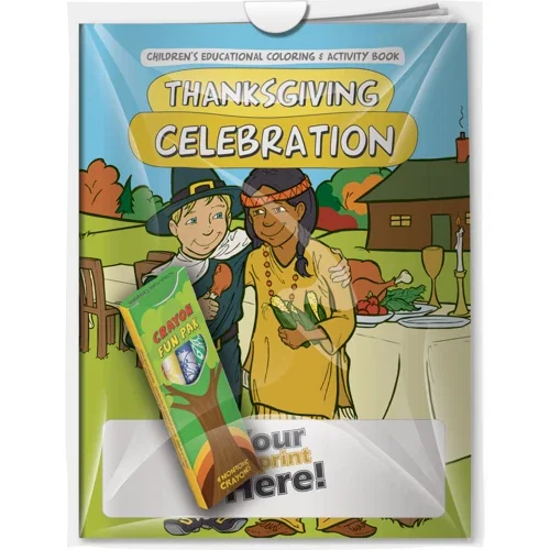 Thanksgiving Celebration coloring book combo pack with 4 Fun Pak crayons in poly bag, front view