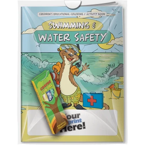 Swimming & Water Safety coloring book with imprinted 4-pack crayons combo, kitted in poly bag