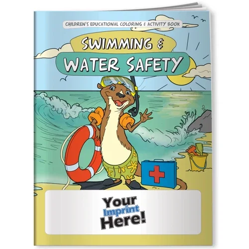 Swimming & Water Safety coloring book cover artwork, promotional kids educational book