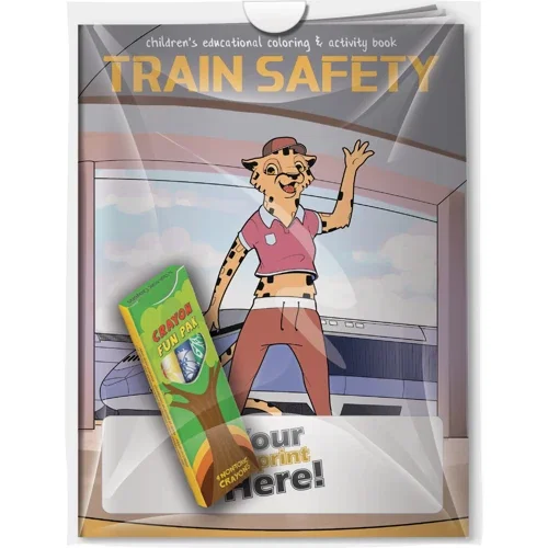 Train Safety coloring book and 4-crayon Fun Pak combo pack kitted in a poly bag