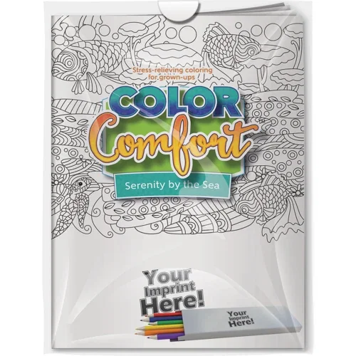 Sea Shells & Beaches adult coloring book and 6 colored pencils combo pack in poly bag
