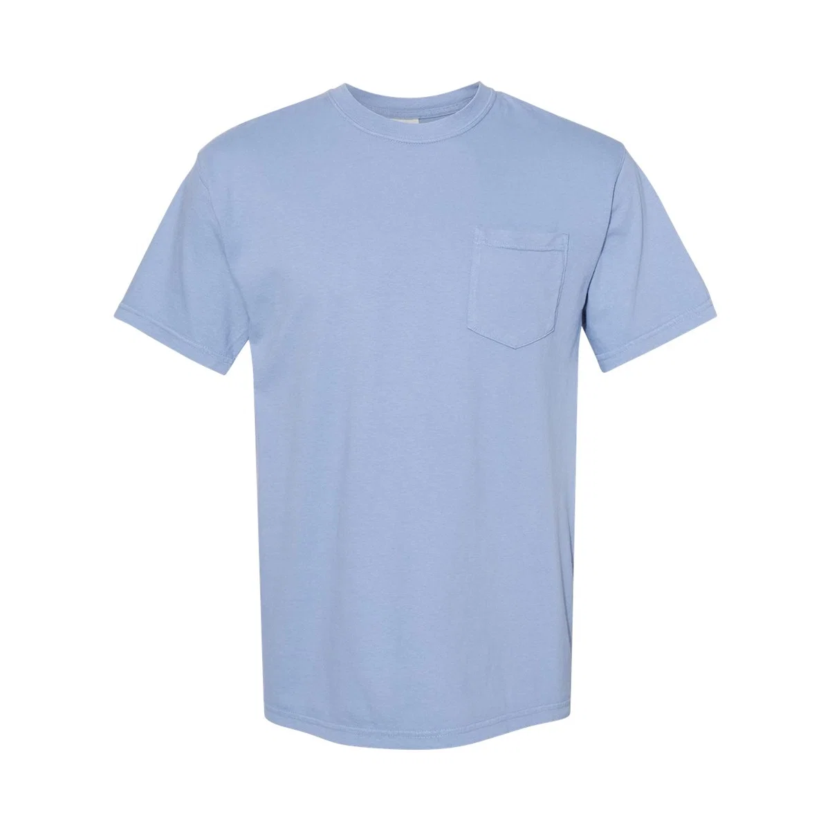 Tilted framing of the adult pocket tee filling most of the frame