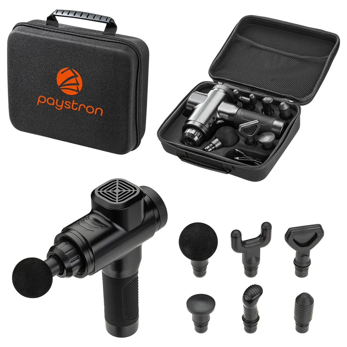 Custom Comfort Logic™ Citadel Full Size 6-Speed Massage Gun, front view of the branded massage gun