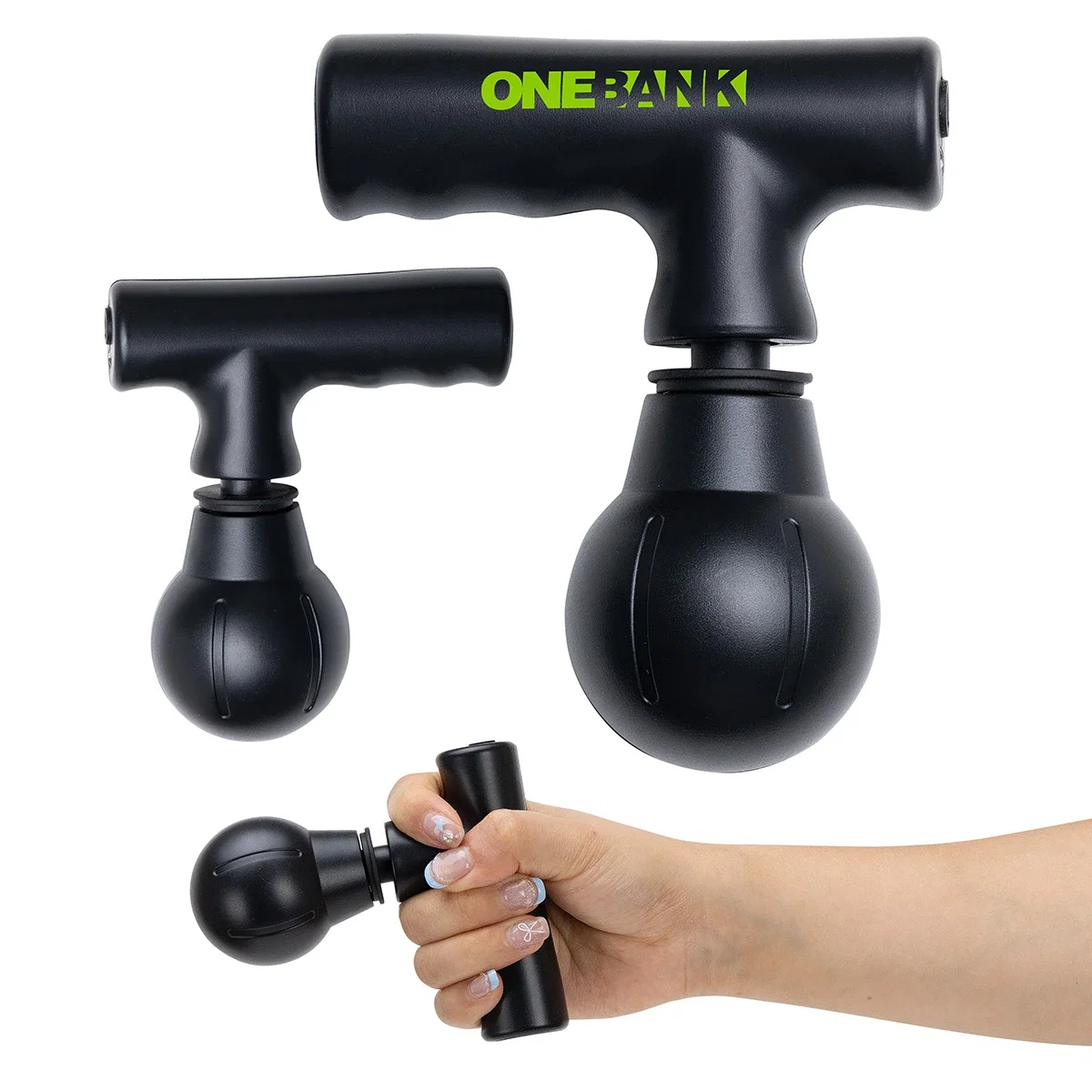 Custom Comfort Logic Companion Mini Massage Gun, front view of the branded device
