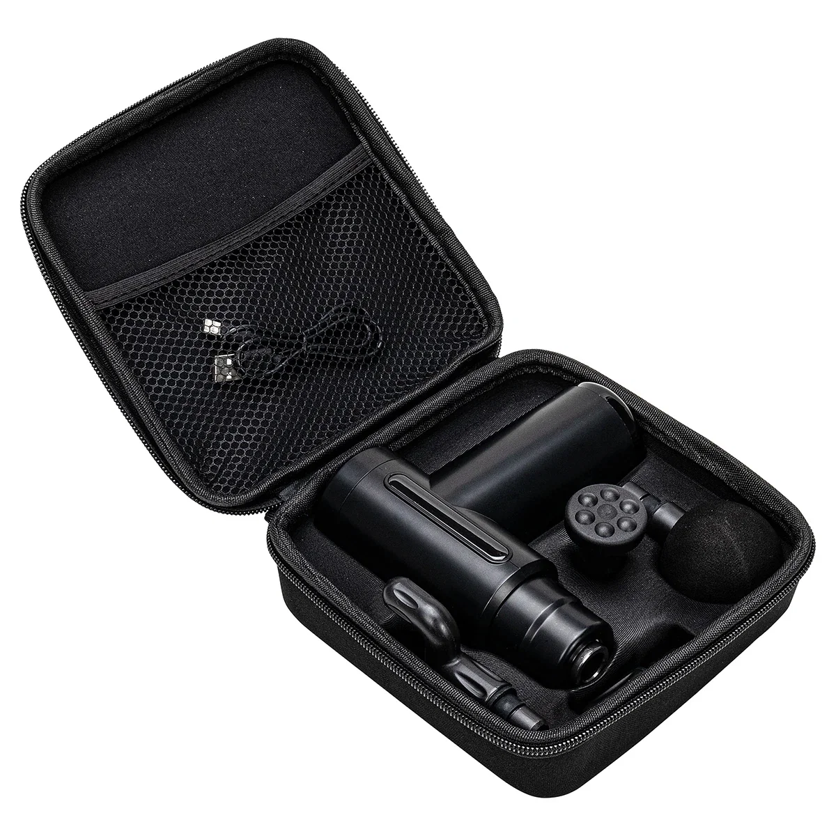 Comfort Logic Crimson massage gun shown with its interchangeable attachment heads