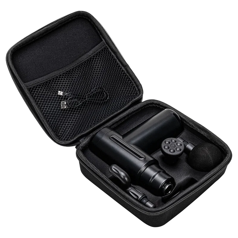 Comfort Logic Crimson massage gun shown with its interchangeable attachment heads