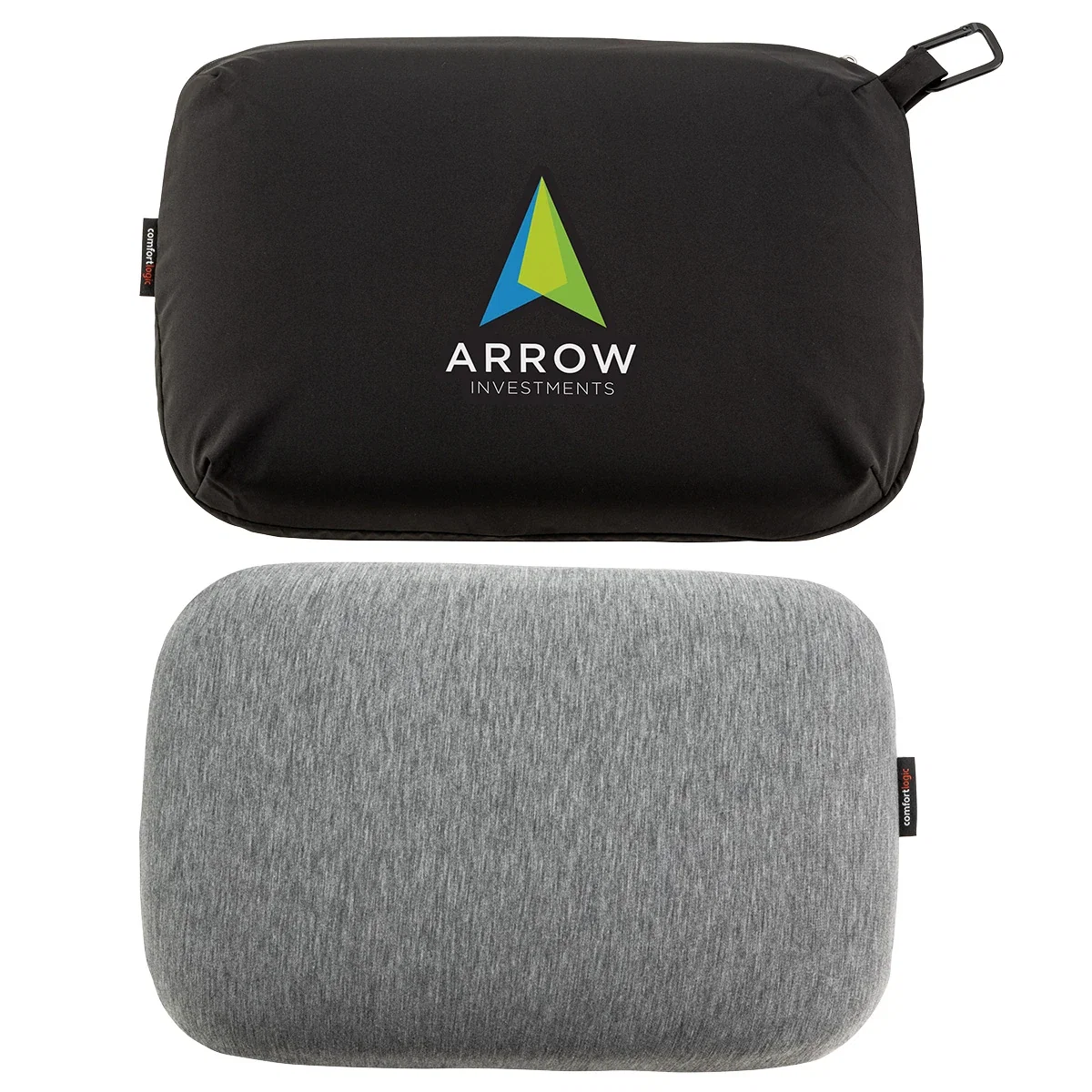 Custom Comfort Logic Everywhere Pillow, front view of the branded travel pillow