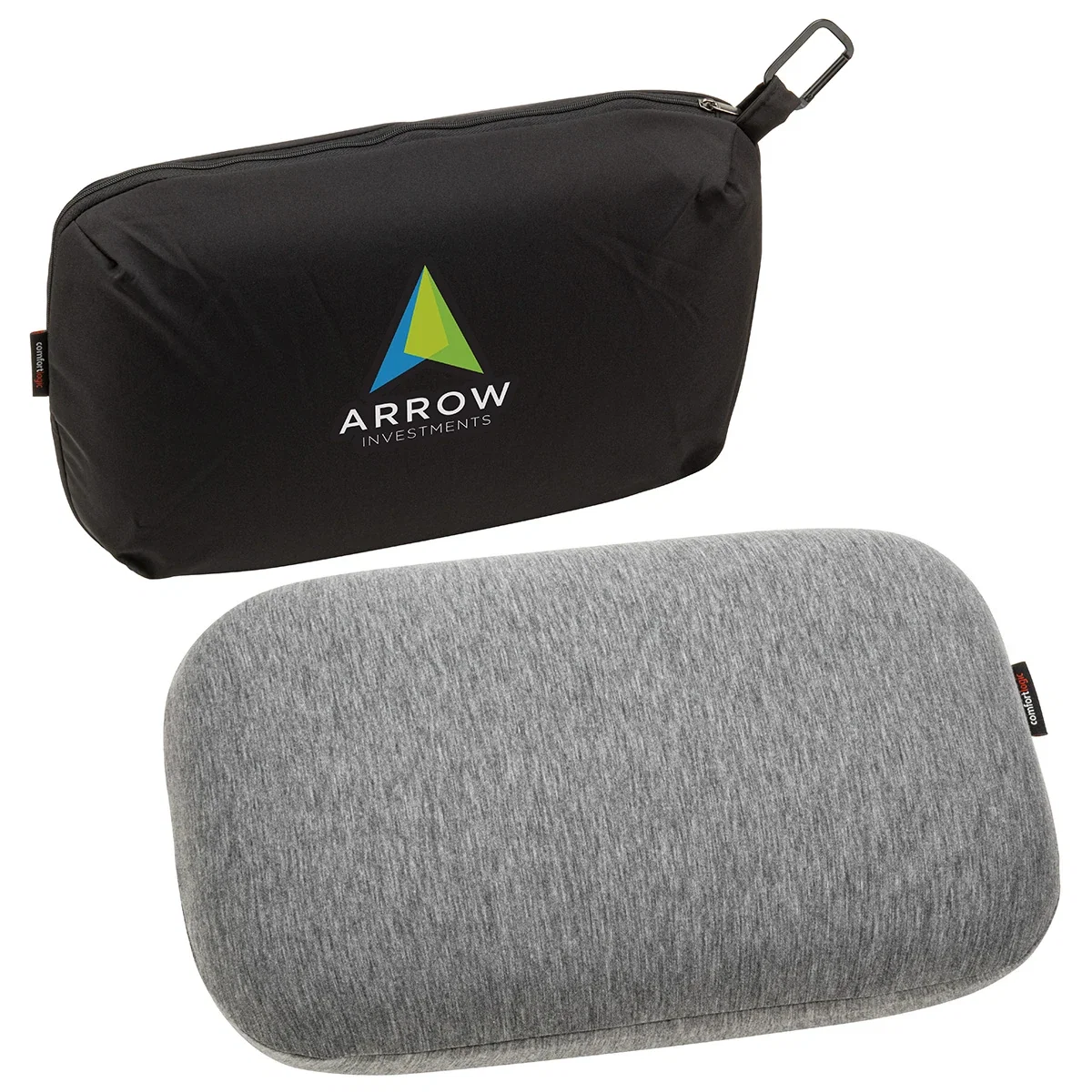 Close-up of the custom Comfort Logic pillow's logo imprint area