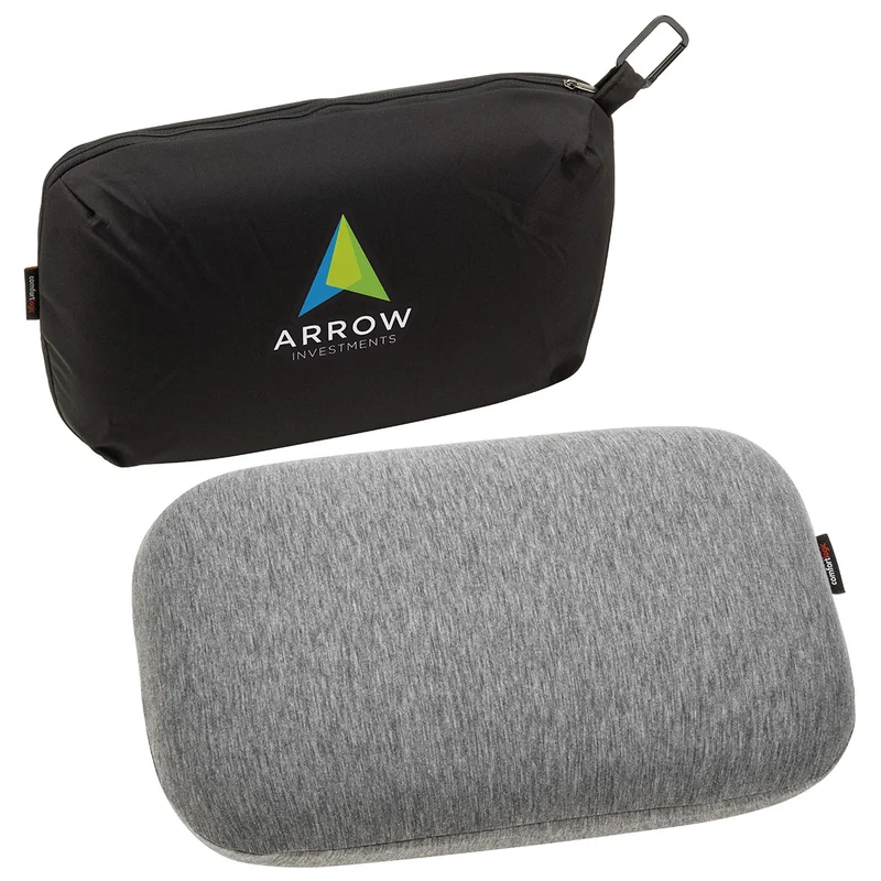 Close-up of the custom Comfort Logic pillow's logo imprint area