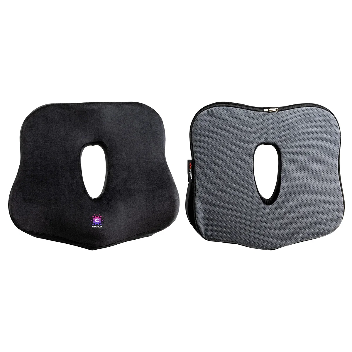 Comfort Logic Heavenly Seat Cushion in use on a chair, lifestyle shot of the branded cushion