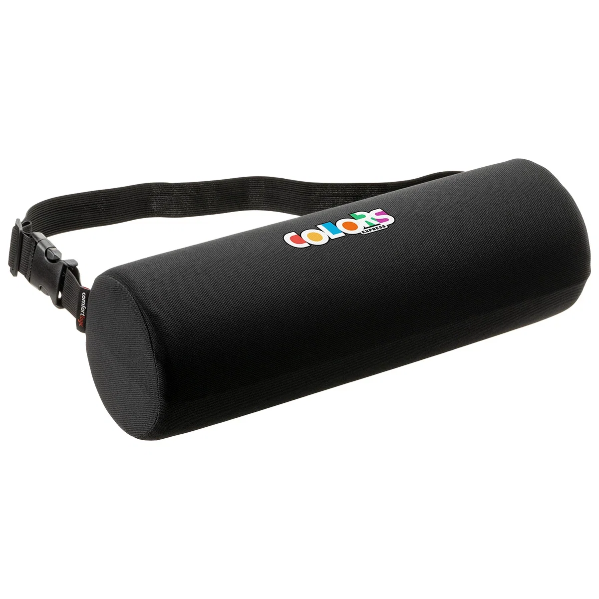 Comfort Logic Lumbar Support Roll Pillow shown from the side, side profile of the branded pillow