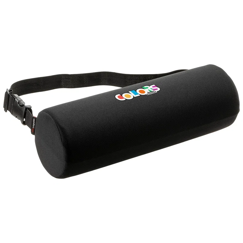 Comfort Logic Lumbar Support Roll Pillow shown from the side, side profile of the branded pillow