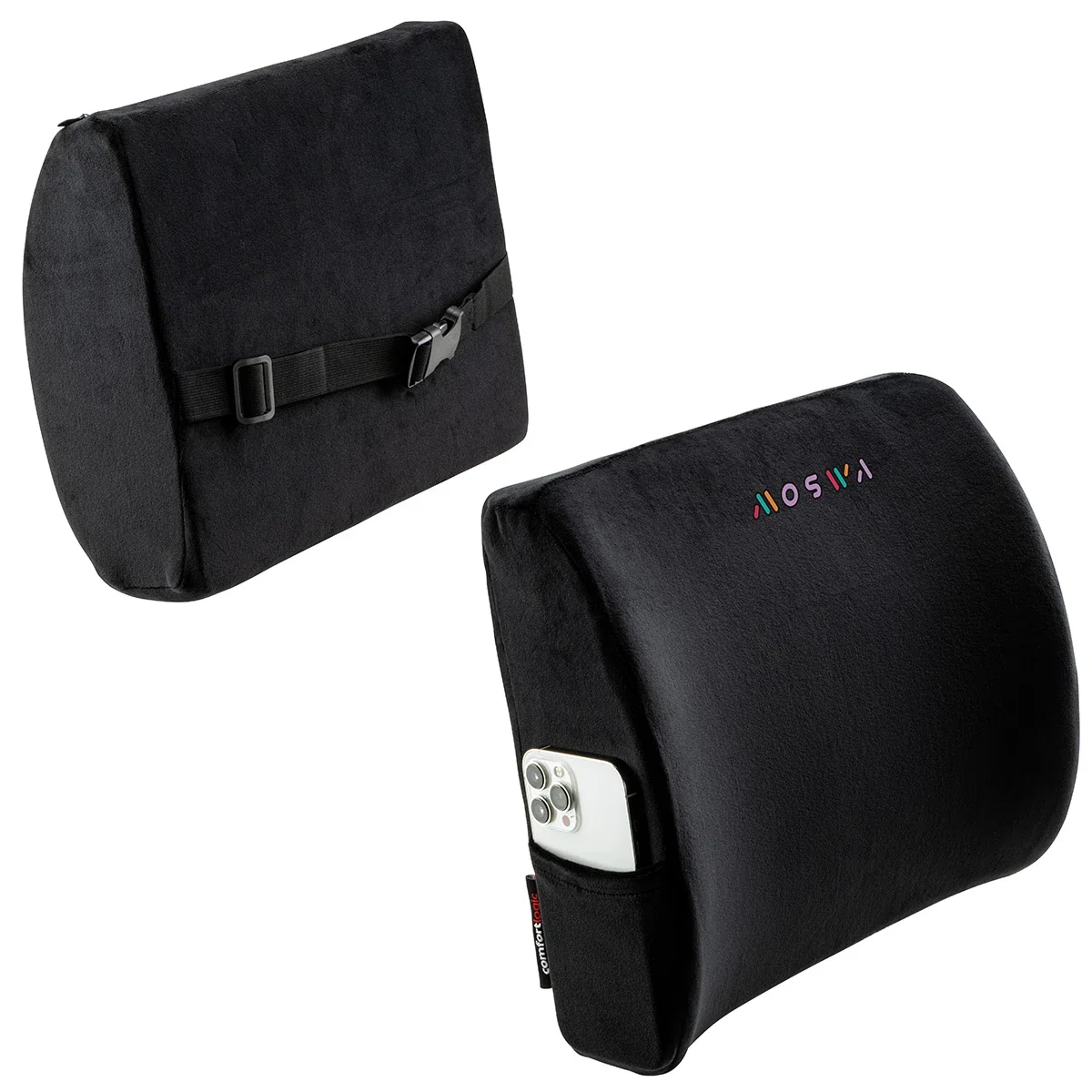 Comfort Logic Lumbar Support Wedge Pillow shown in use on an office chair, promotional lumbar support pillow lifestyle shot