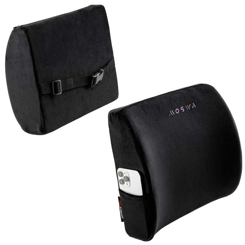Comfort Logic Lumbar Support Wedge Pillow shown in use on an office chair, promotional lumbar support pillow lifestyle shot