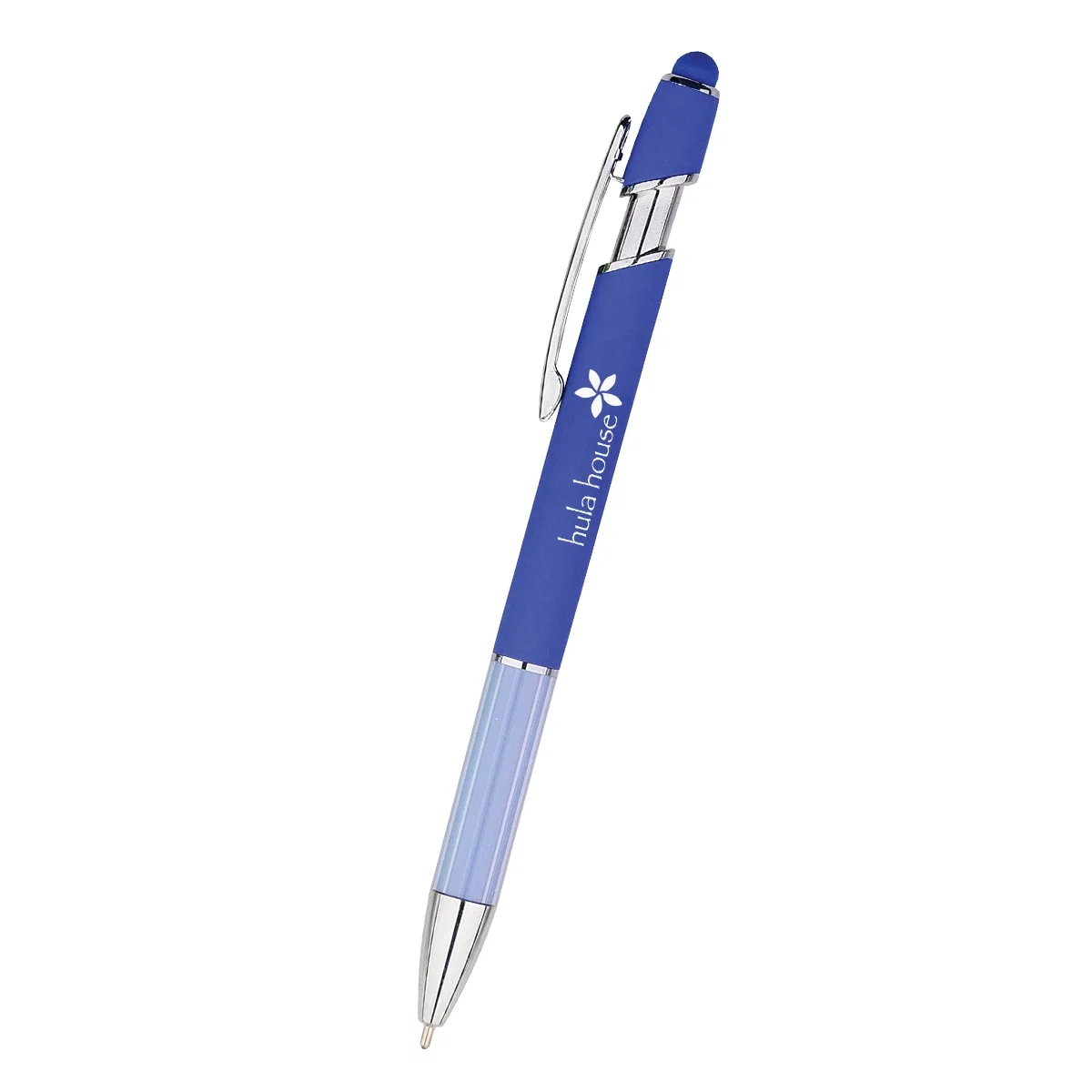 Stylus pen with an angled grip section, just under six inches