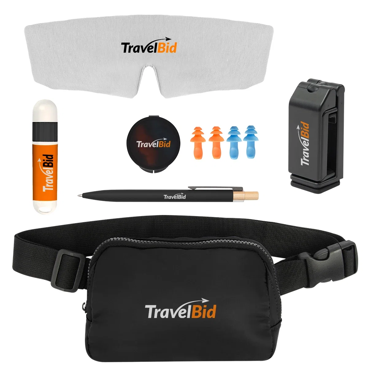 Soft pouch and travel items laid out next to each other