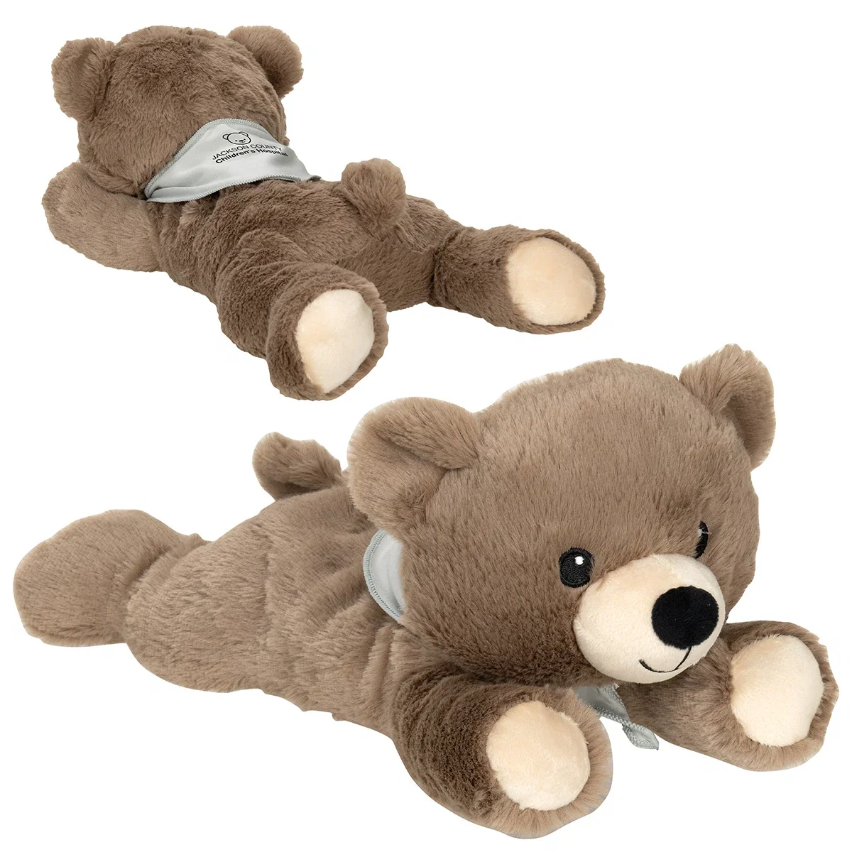 Comfort Pals Snuggle Bear heat therapy plush in faux rabbit fur with a grey bandana