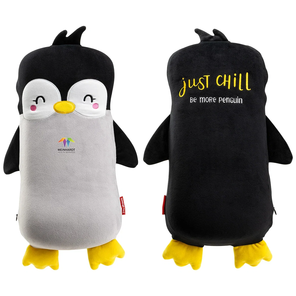 Custom Comfort Pals Penguin Huggable Comfort Pillow, front view of the branded plush pillow