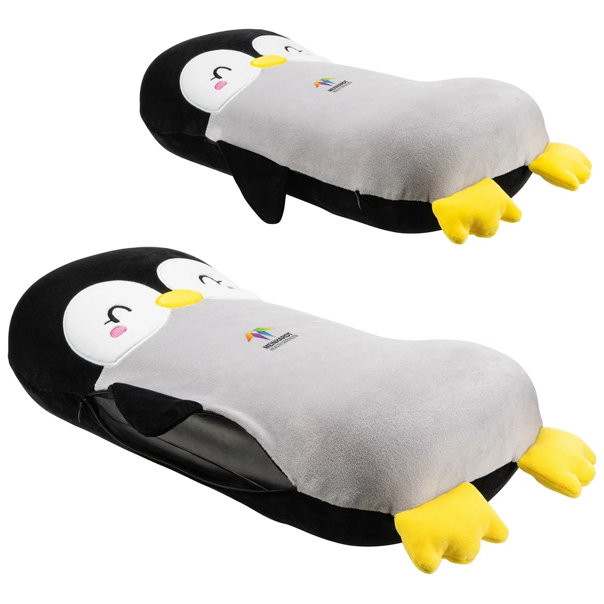 Close-up of the custom Comfort Pals penguin pillow's embroidered face detail