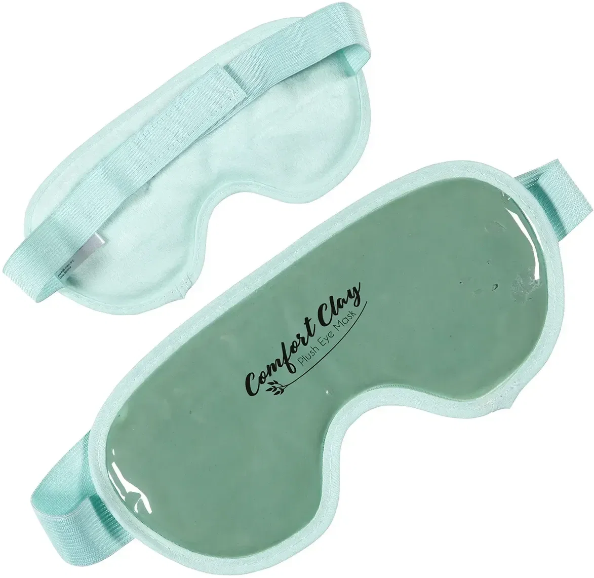ComfortClay branded plush eye mask detail of the strap and logo imprint area