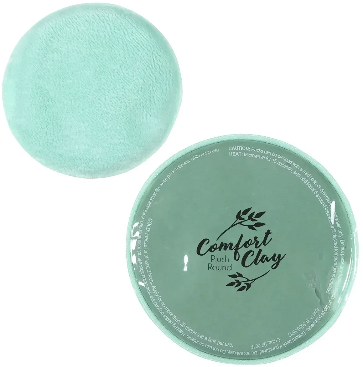 ComfortClay branded round therapy pack showing soft plush back, custom hot and cold pack