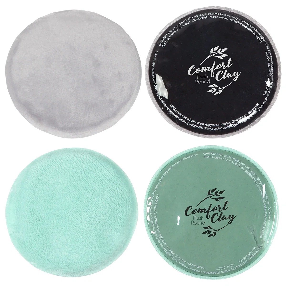 Custom ComfortClay round hot and cold pack close-up of logo, branded plush therapy gift