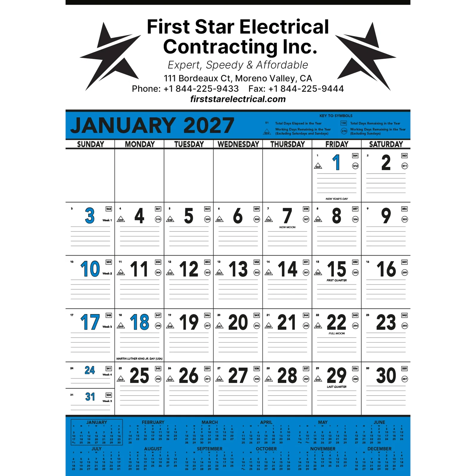 Commercial Planner Wall Calendar: Blue & Black 2025, 1 Color Imprint