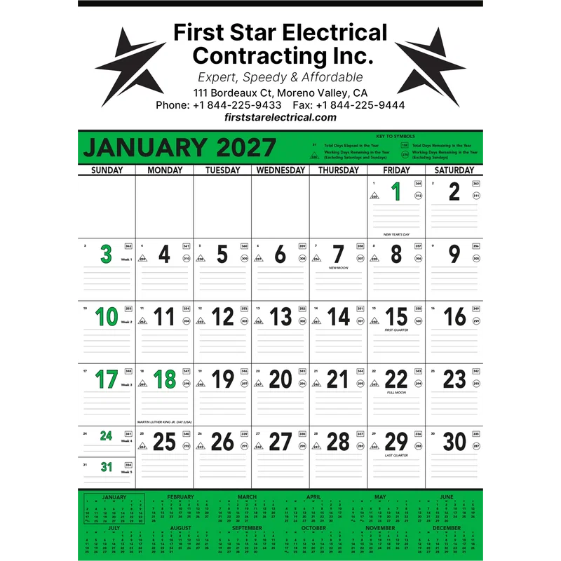Commercial Planner Wall Calendar: Green & Black 2025, 1 Color Imprint — view 2