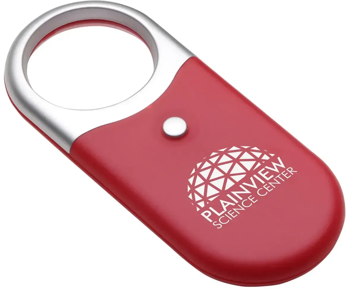 Promotional branded 3X magnifier with LEDs on, illuminated lens close-up