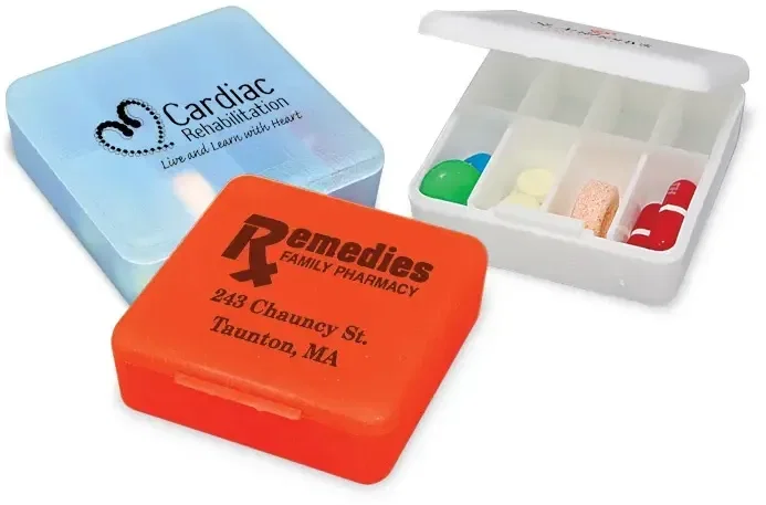 Compact Pill Box. Compact 8-compartment weekly pill box for pharmacy and health fair giveaways, view 4