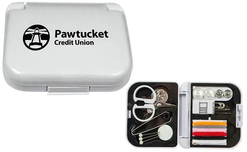 Compact Sewing Kit. Pocket-size travel sewing repair kit with needles and thread for hotel giveaways