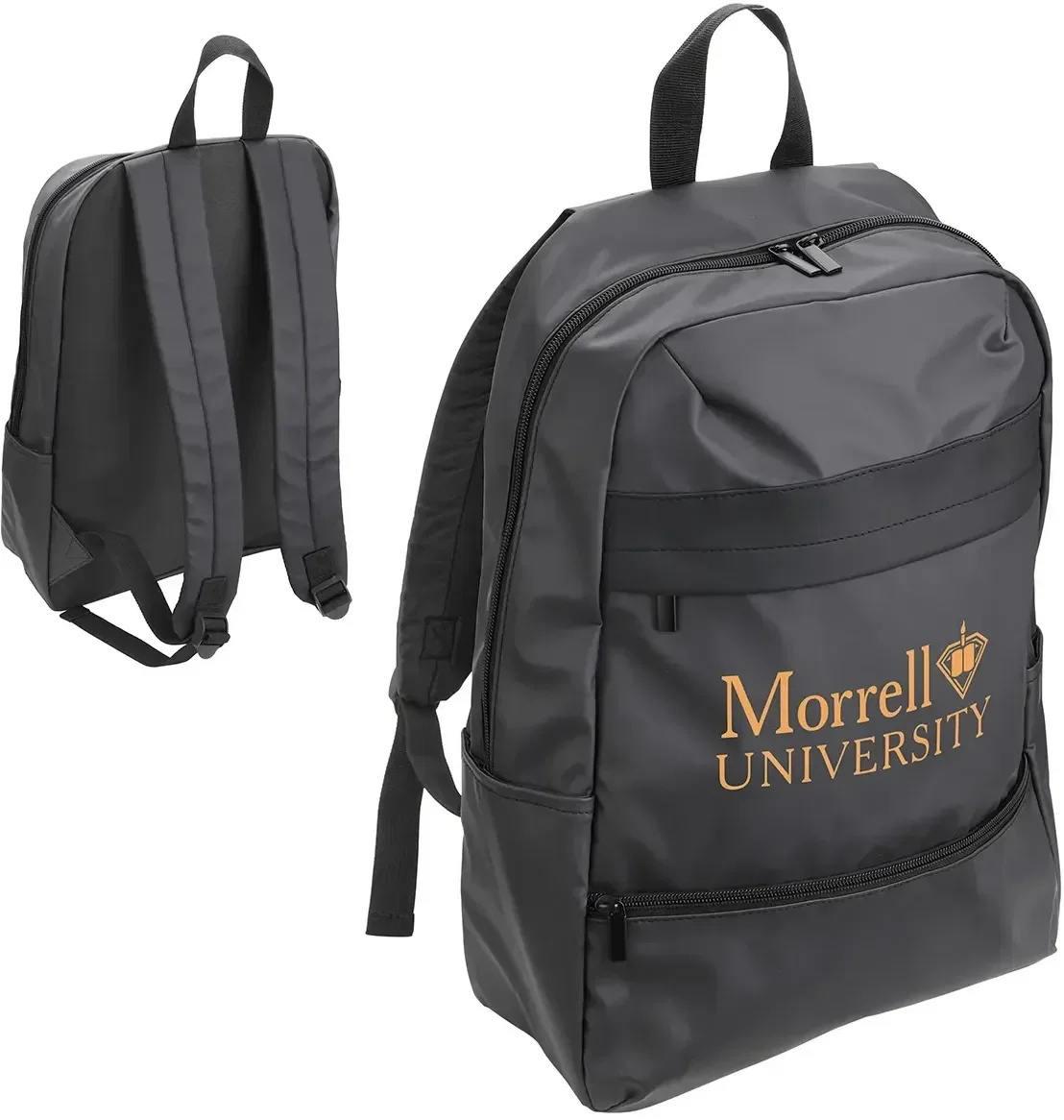Compass polyester promotional backpack with padded straps and custom logo, front view