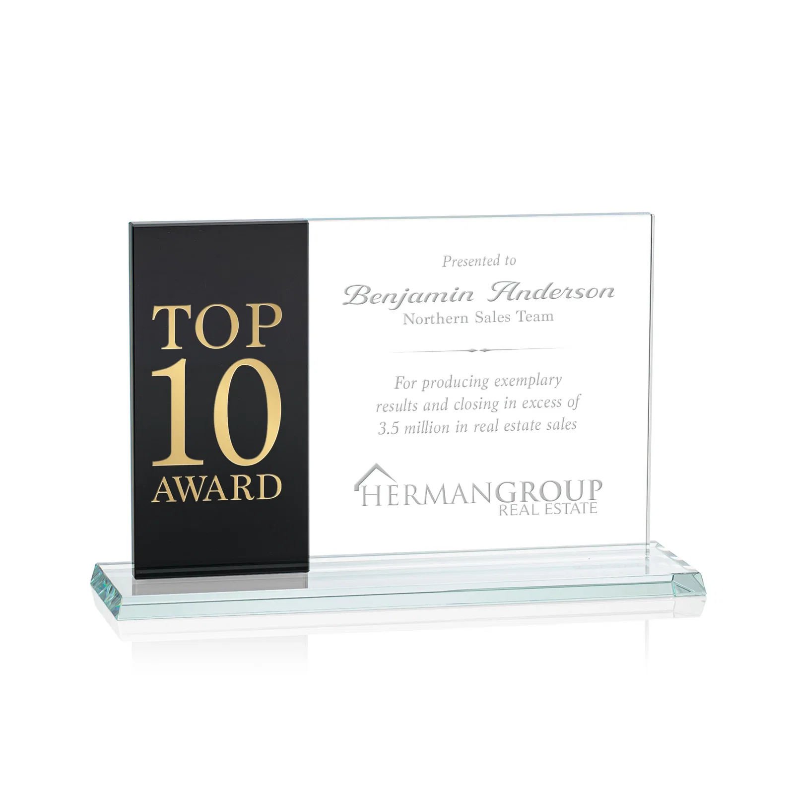 Custom Starfire and Teal Glass Panel Award, Fused Horizontal Design, awards for dealer and partner awards