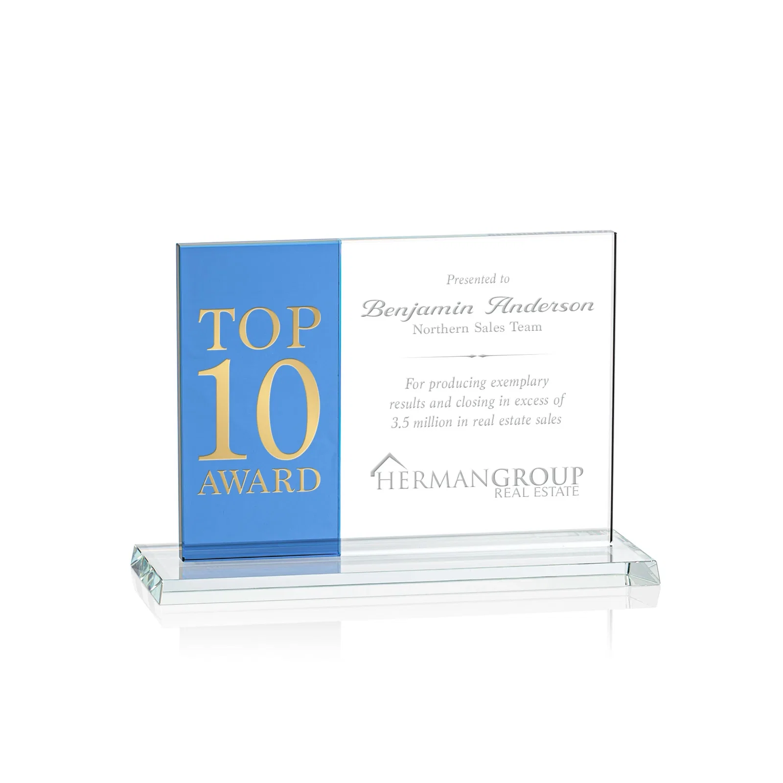 Personalized Starfire and Teal Glass Panel Award, Fused Horizontal Design, awards for corporate award ceremonies