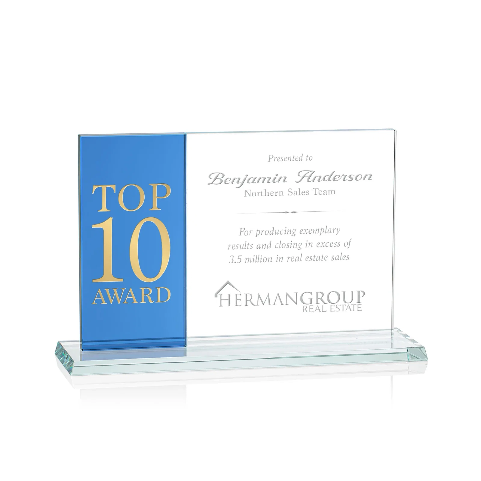 Personalized Starfire and Teal Glass Panel Award, Fused Horizontal Design, awards for service anniversary gifts