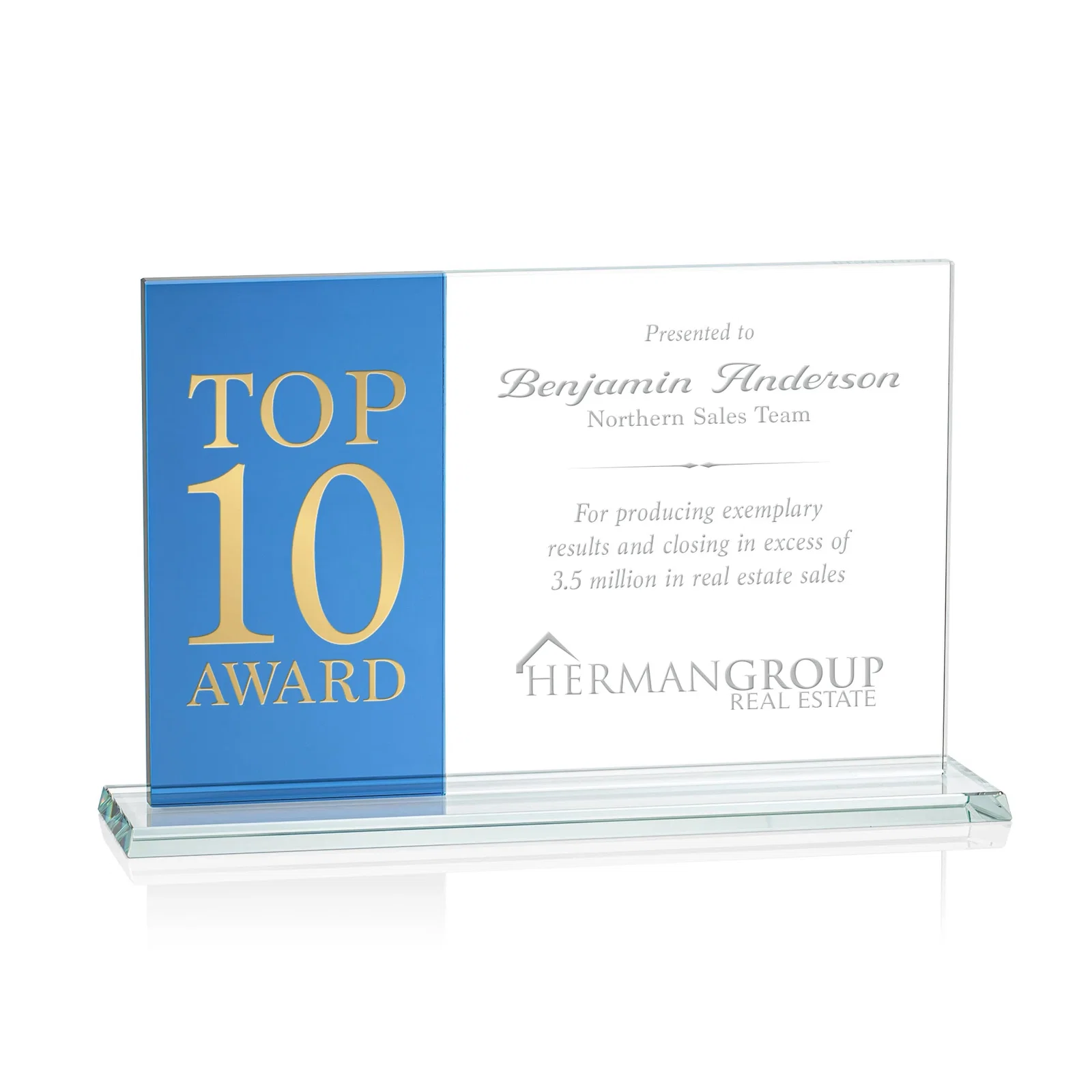 Personalized Starfire and Teal Glass Panel Award, Fused Horizontal Design, awards for sales achievement awards