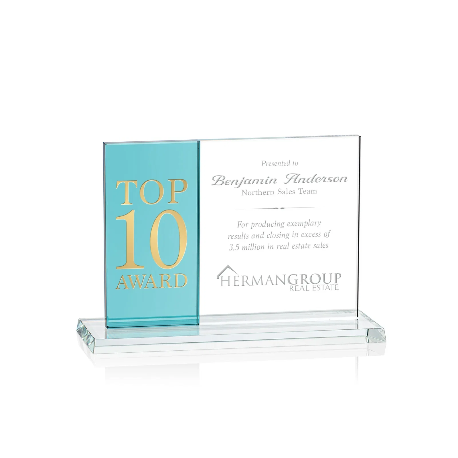 Custom Starfire and Teal Glass Panel Award, Fused Horizontal Design, awards for corporate award ceremonies
