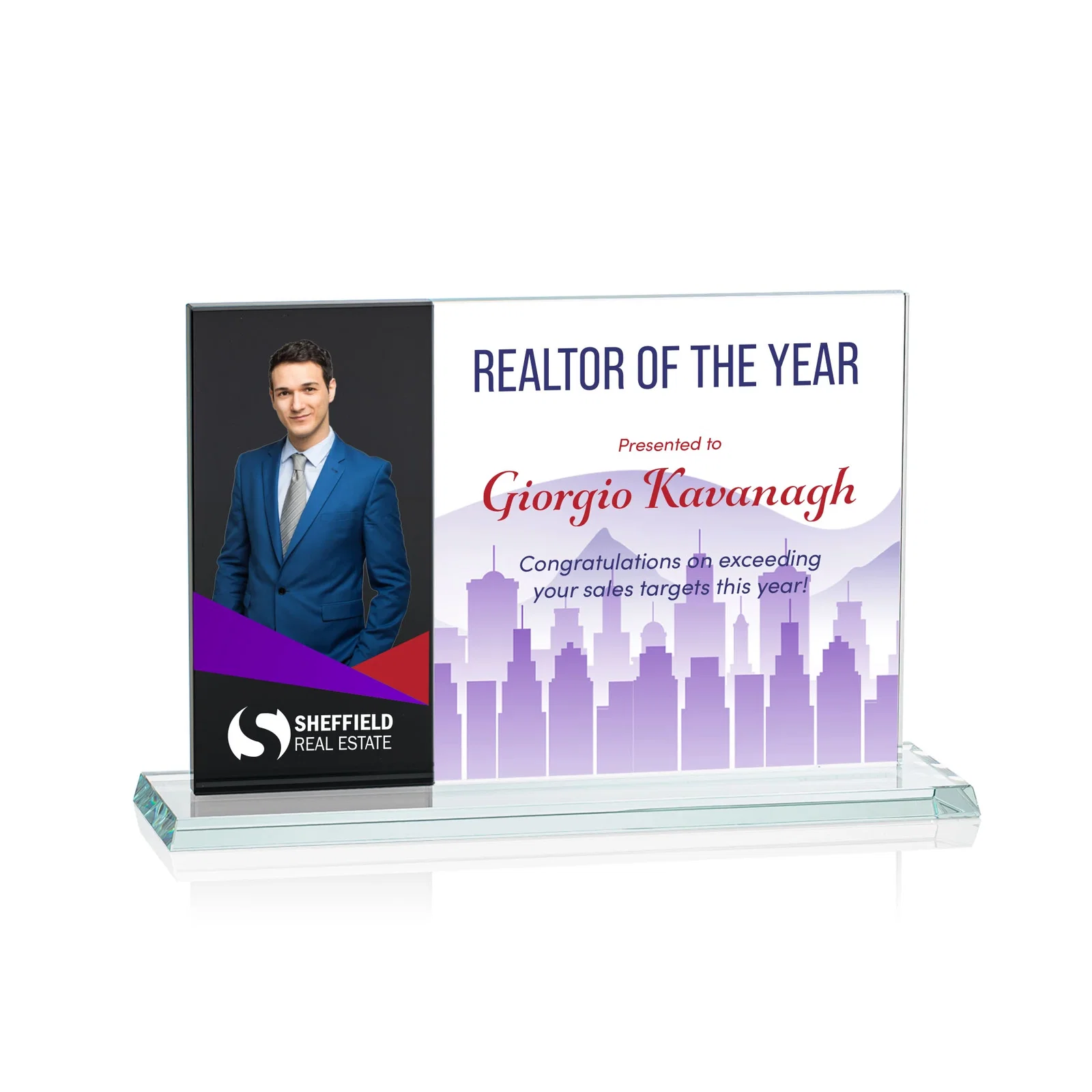 Personalized Starfire and Teal Glass Panel Award, Fused Horizontal Design, awards for dealer and partner awards