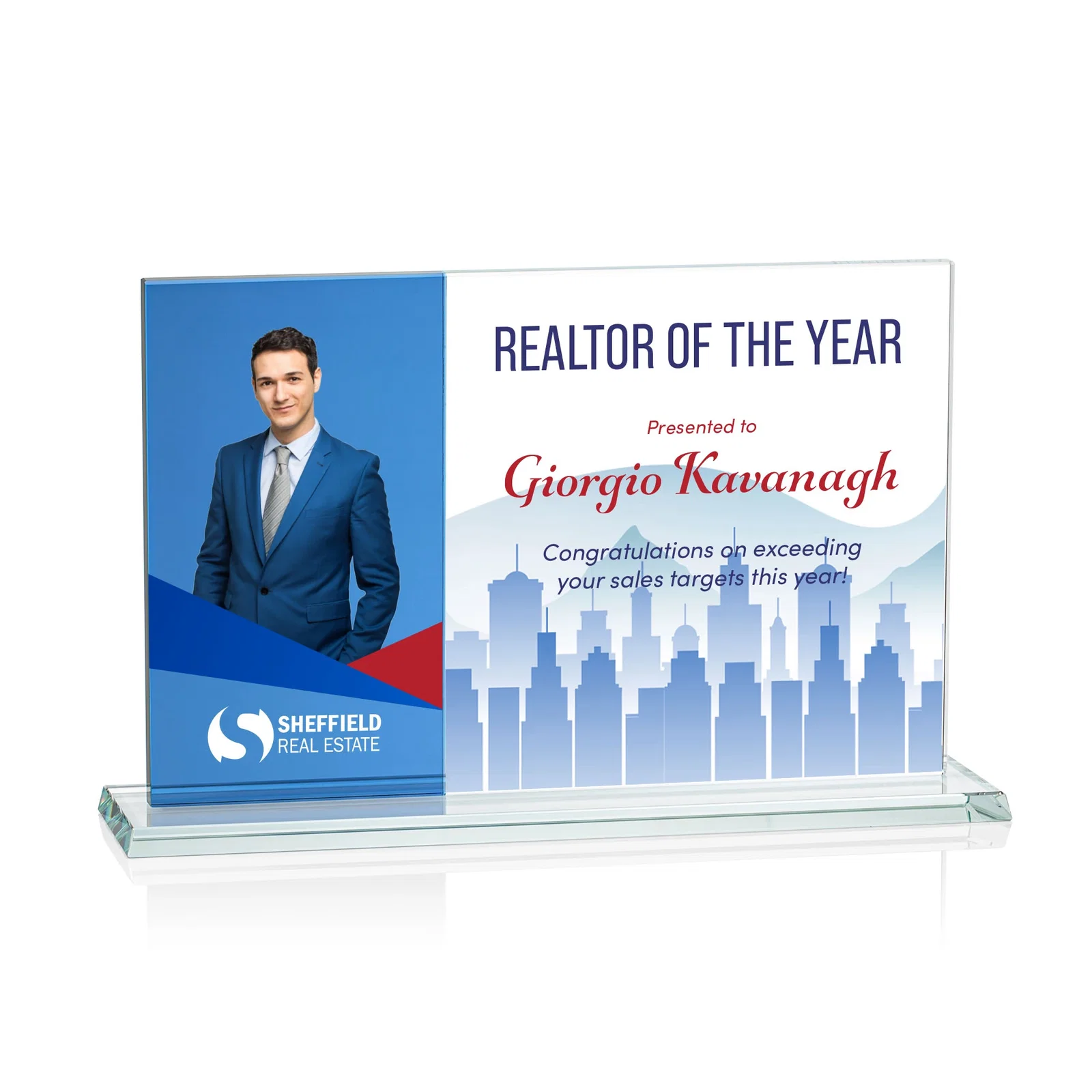 Promotional Starfire and Teal Glass Panel Award, Fused Horizontal Design, awards for sales achievement awards