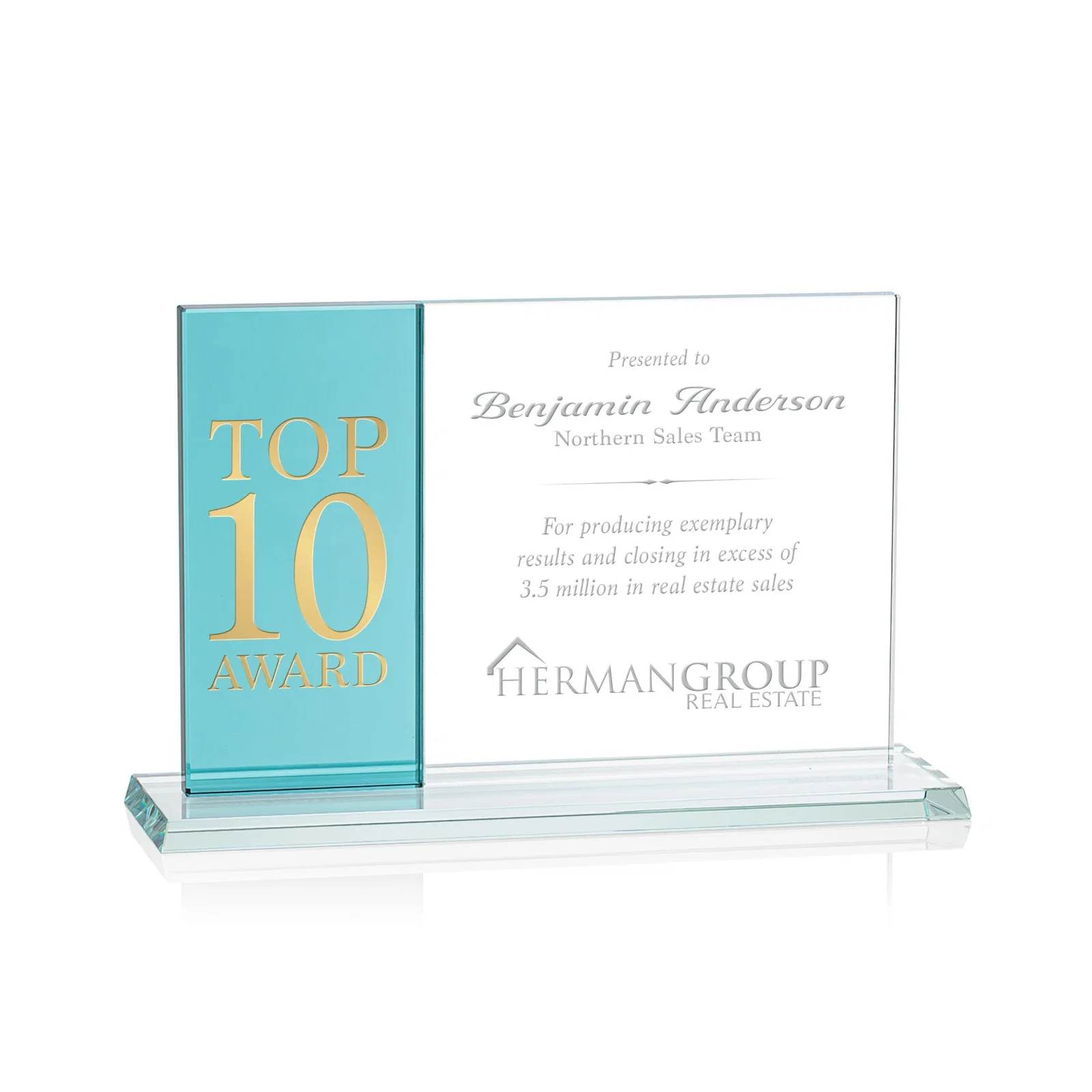 Custom Starfire and Teal Glass Panel Award, Fused Horizontal Design, awards for service anniversary gifts