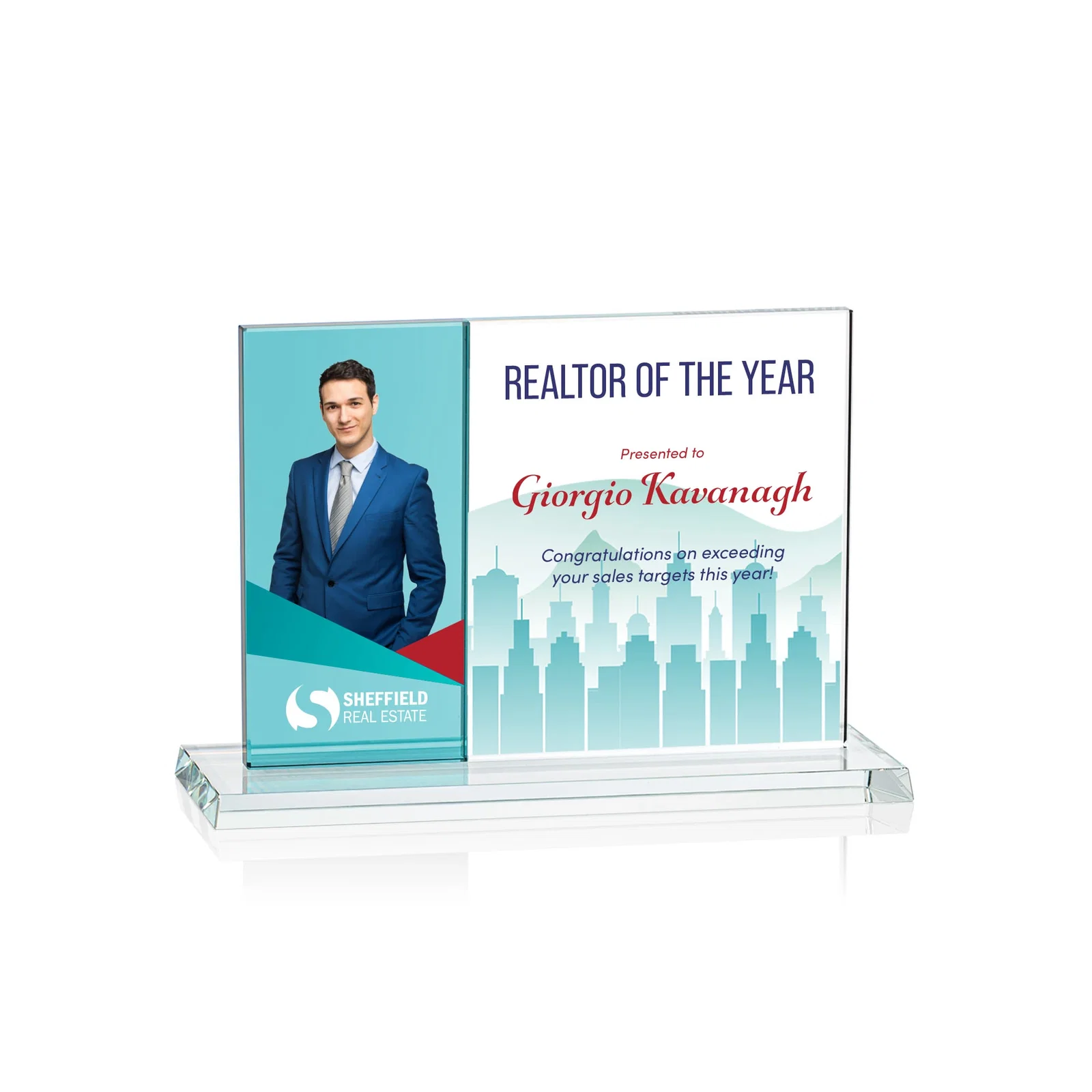 Promotional Starfire and Teal Glass Panel Award, Fused Horizontal Design, awards for team milestone celebrations