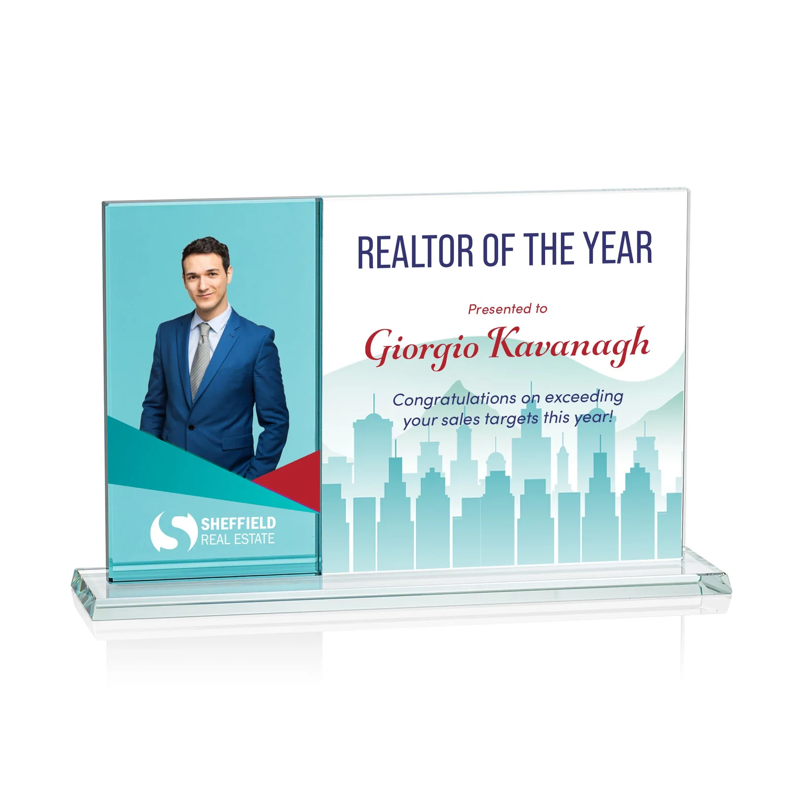 Promotional Starfire and Teal Glass Panel Award, Fused Horizontal Design, awards for graduation ceremonies