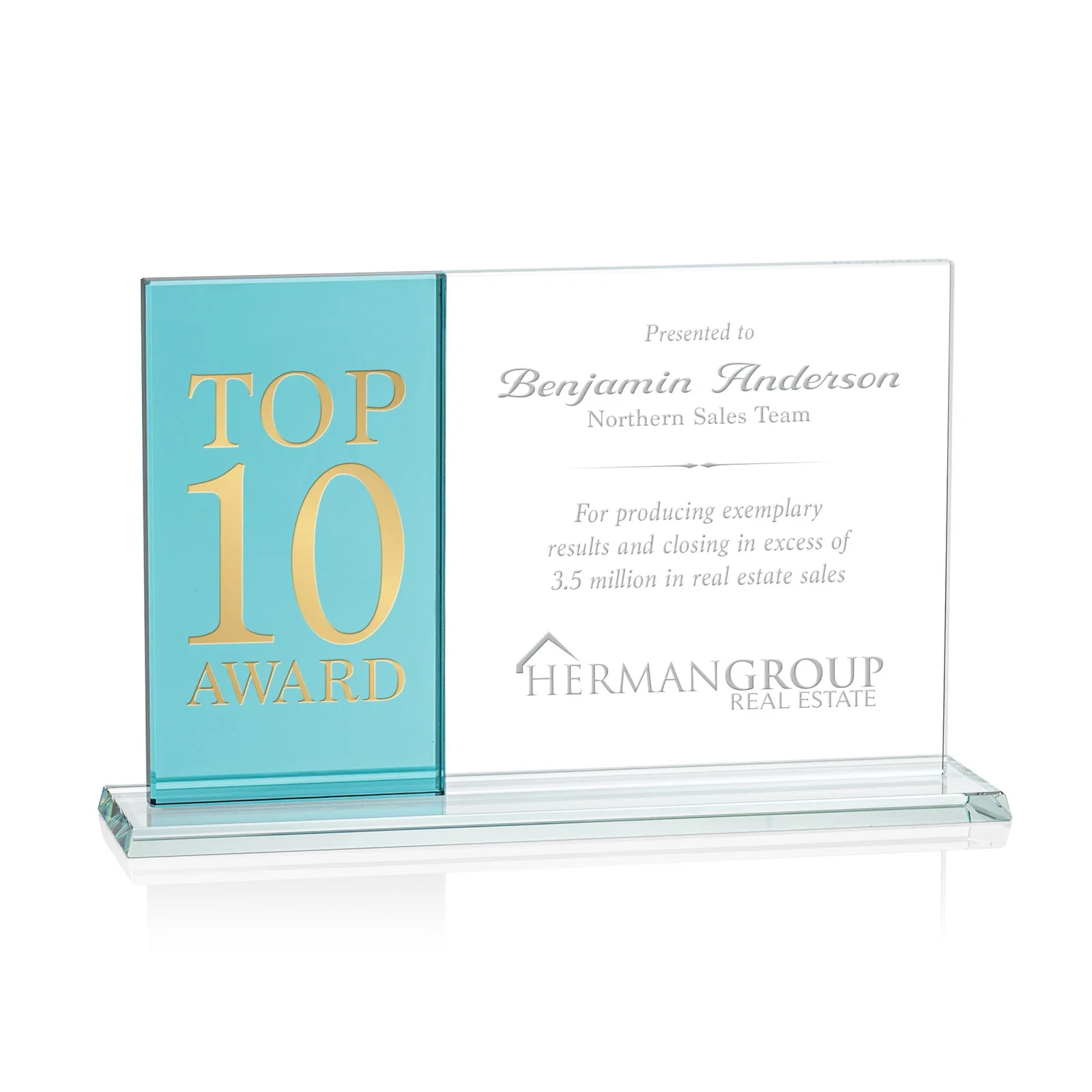 Custom Starfire and Teal Glass Panel Award, Fused Horizontal Design, awards for sales achievement awards